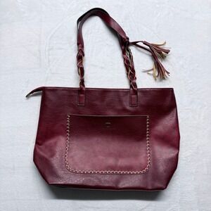 WEIMEIBATGE Burgundy Faux‎ Leather Tote Bag Braided Straps Tassel Accent Large